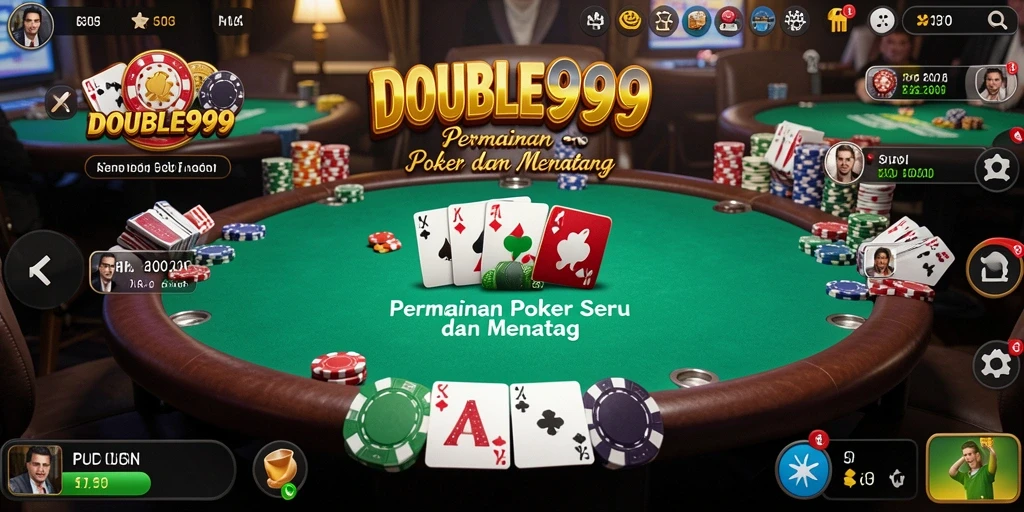 Screeshot gameplay utama DOUBLE999 menampilkan suasana permainan Poker yang mendebarkan.