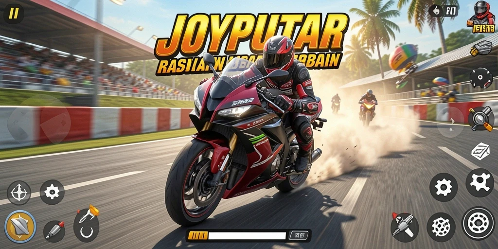 Screenshot gameplay JOYPUTAR yang menampilkan serunya balapan motor.