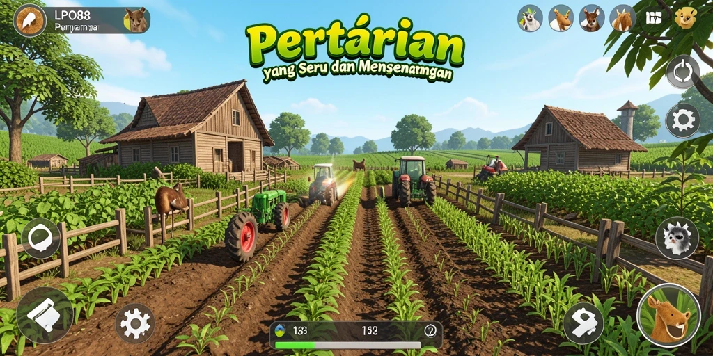 Tampilan gameplay seru di LPO88 dengan kebun yang subur dan hewan ternak.