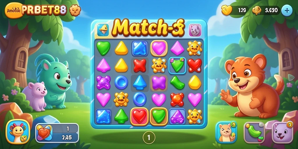 Screenshot gameplay PROBET88 menampilkan momen seru pertandingan Match-3.