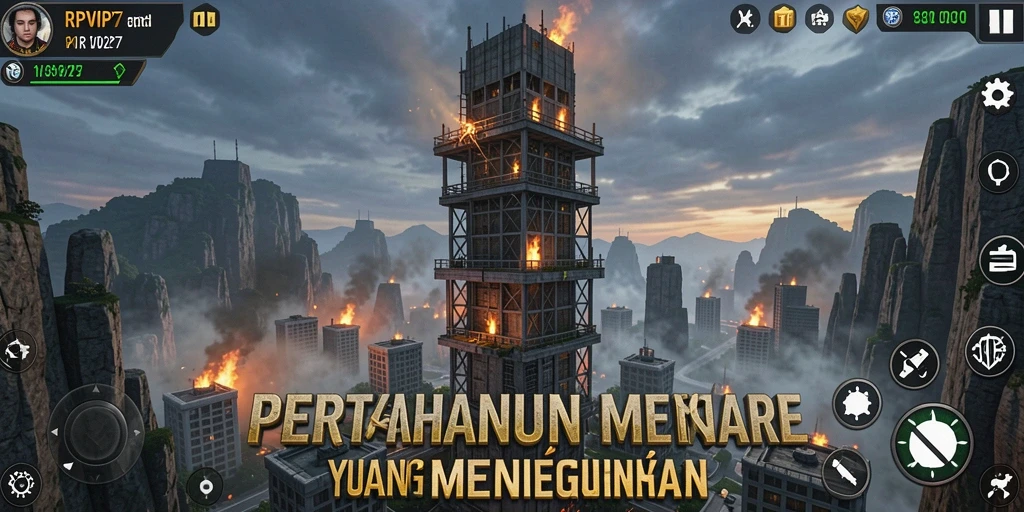 Screenshot gameplay RPVIP7 menampilkan pertahanan menara yang strategis.